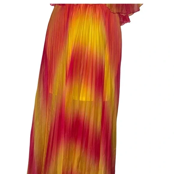 AKIRA Off-Shoulder Tie-Dye Flowy Maxi Dress in Pink & Yellow - Picture 4 of 6